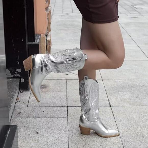 Women's Embroidered Western Cowboy Boots Mid Tube Pointed Toe Chunky Heel Shiny - Picture 4 of 6